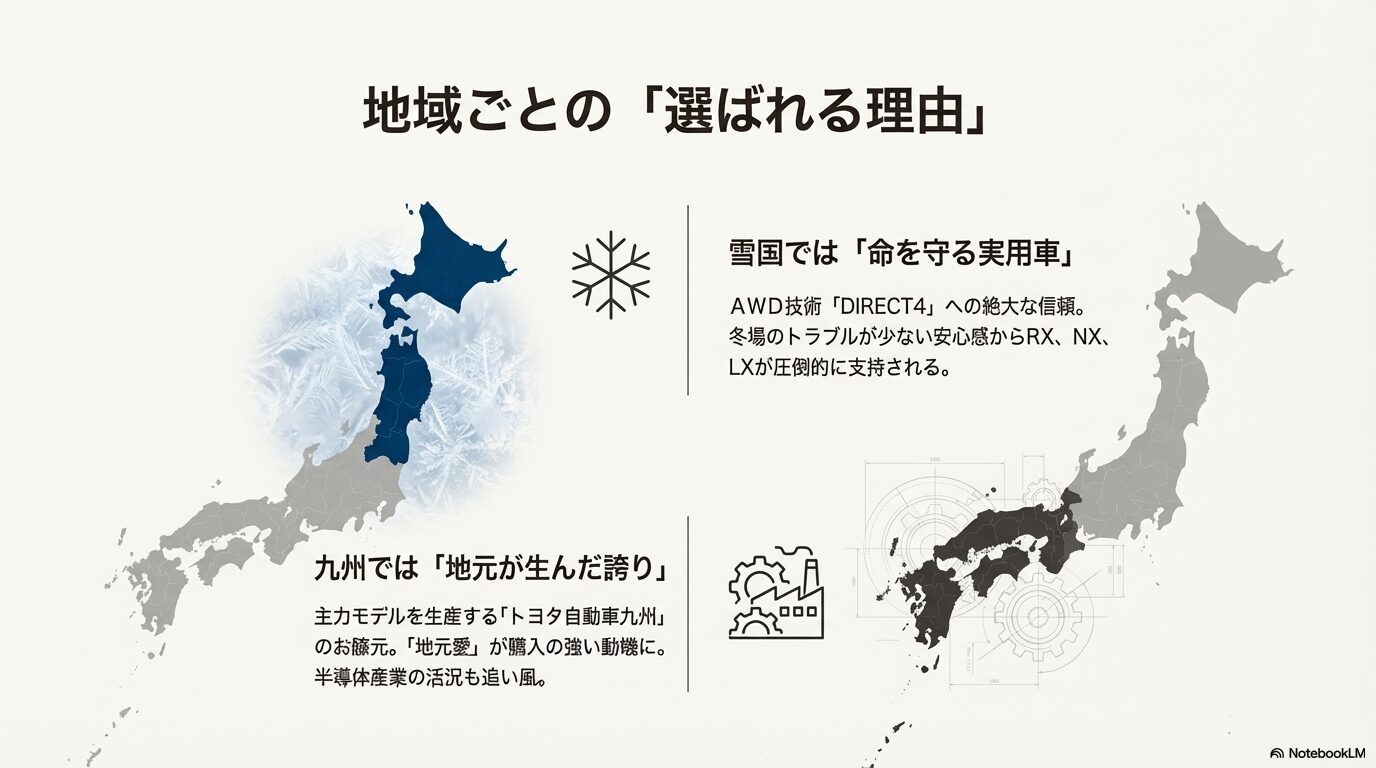 九州地方の地図とトヨタ自動車九州の生産拠点、雪国のAWD需要を示すイラスト