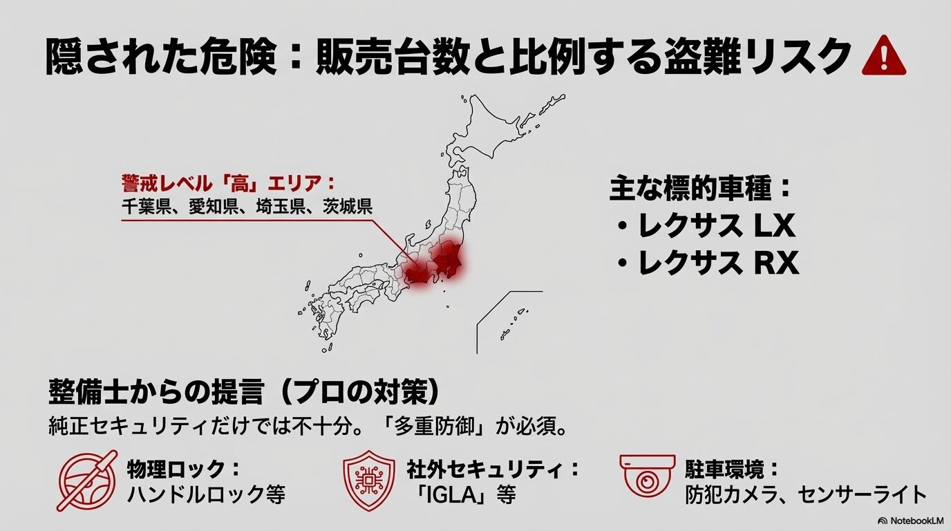 自動車盗難多発地域（千葉・愛知・埼玉・茨城）と推奨される物理ロックやセキュリティ対策