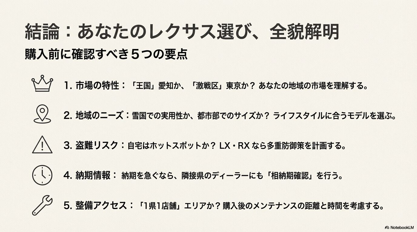 レクサス購入時に確認すべき市場特性・地域ニーズ・盗難リスク・納期・整備の5つのポイント