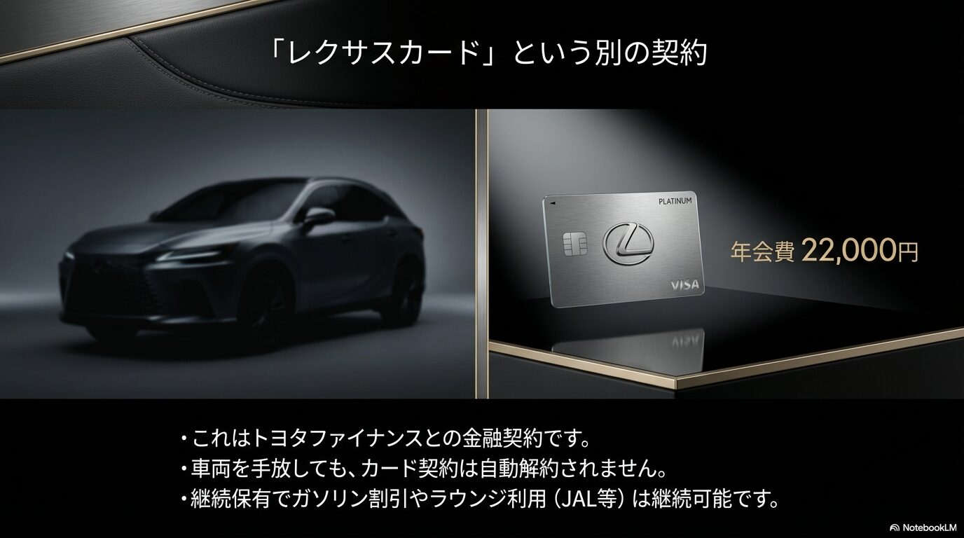 車両のオーナーズカードとは異なる、トヨタファイナンスとの金融契約であるレクサスカード（プラチナ）の継続保有や年会費、特典について解説するスライド。