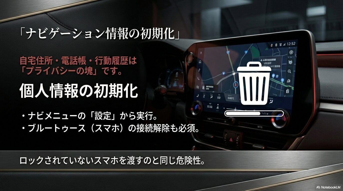 自宅住所や電話帳、行動履歴などの個人情報を守るため、ナビメニューからデータを初期化する手順と重要性を説明するスライド。