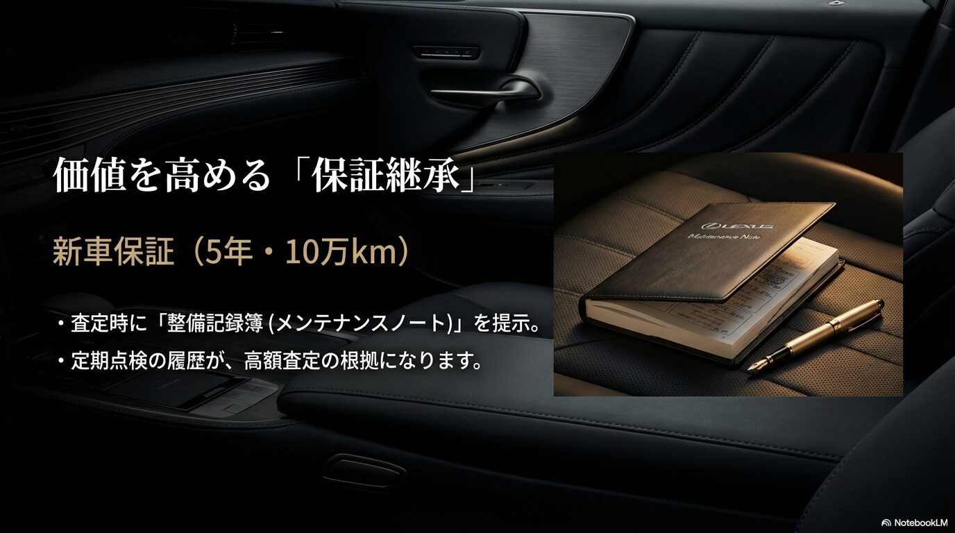 5年・10万kmの新車保証を継承する手続きや、高額査定の根拠となるメンテナンスノート（整備記録簿）の提示について解説するスライド。