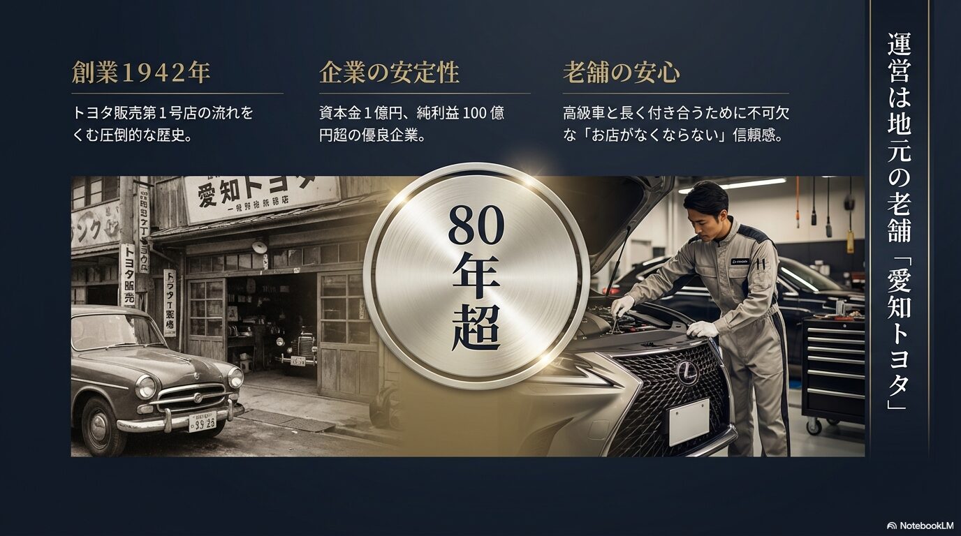 1942年創業、トヨタ販売第1号店の流れをくむ愛知トヨタの歴史と、資本金・純利益による企業の安定性を解説するスライド。