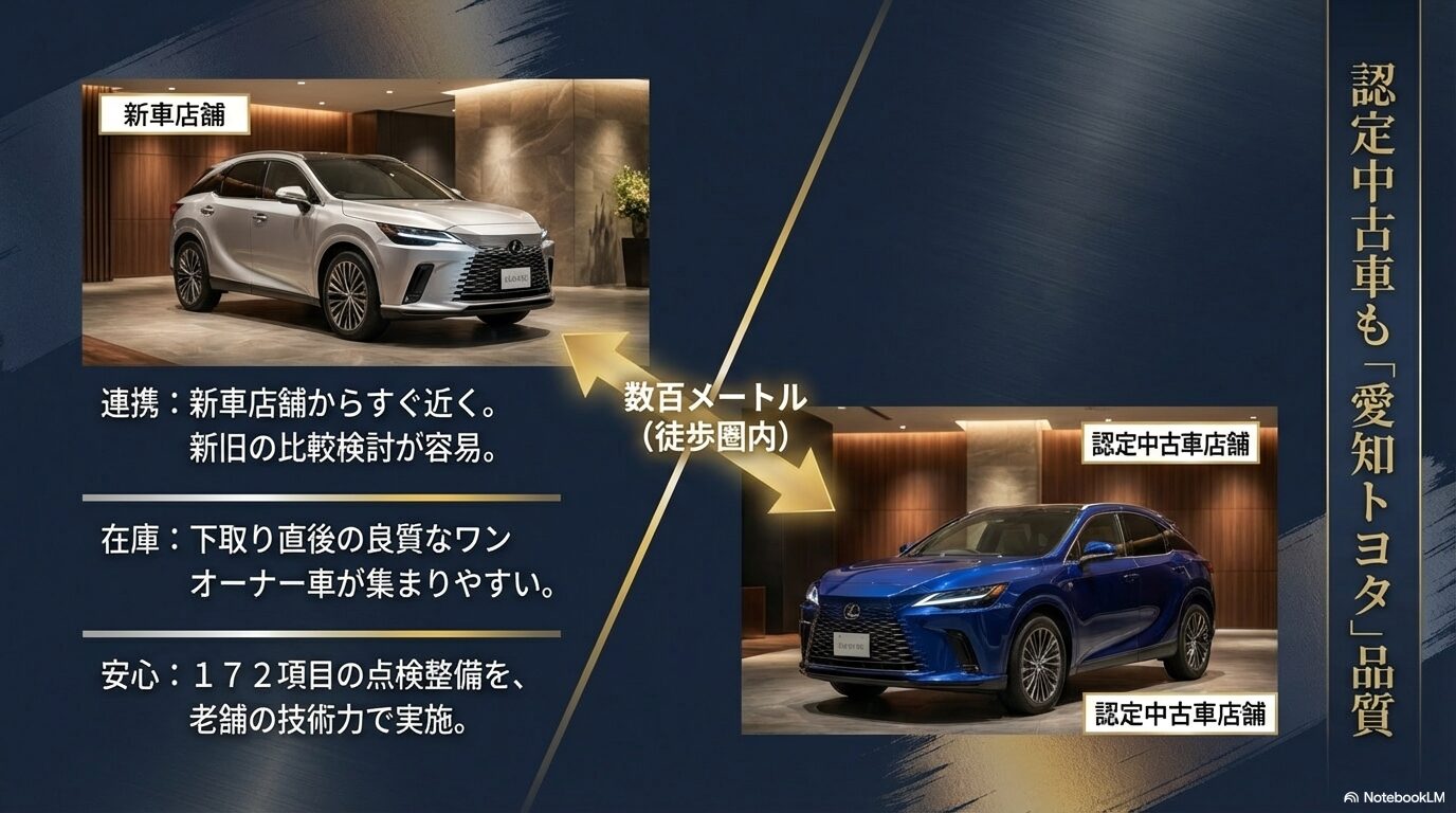 新車店舗と徒歩圏内にあるレクサスCPO昭和の連携、在庫の質、172項目の点検整備体制を解説するスライド。