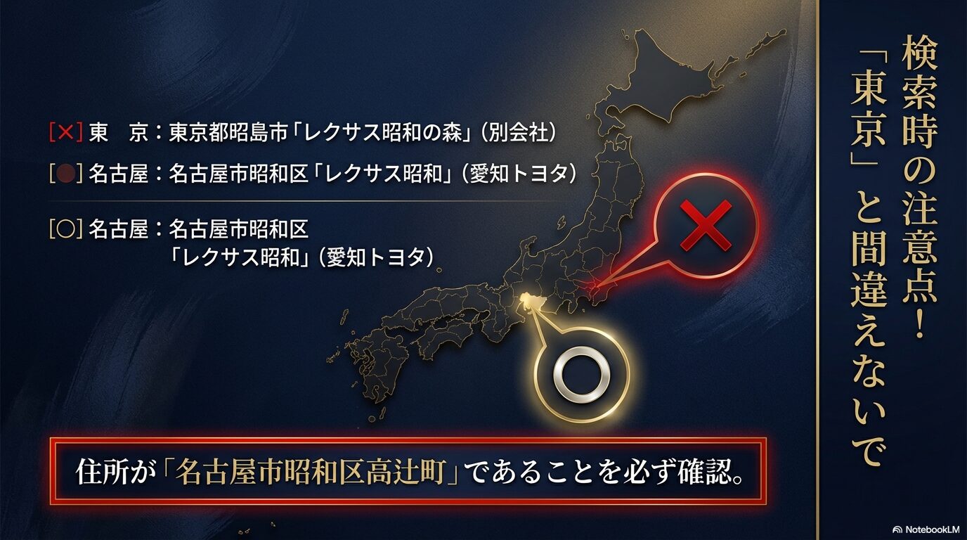 名古屋市昭和区のレクサス昭和と、東京都昭島市のレクサス昭和の森（別会社）を間違えないための住所確認の注意点。