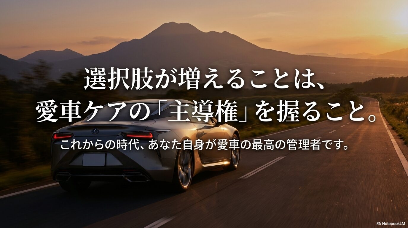 選択肢を増やすことで愛車ケアの主導権を握り、自らが最高の管理者となることを促す結びのスライド。
