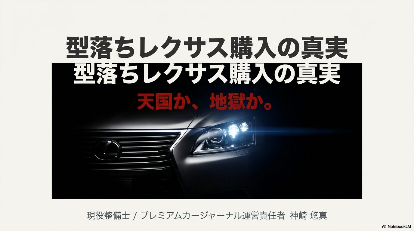 型落ちレクサス購入の真実を現役整備士が解説。天国か地獄かの選択についての導入スライド。