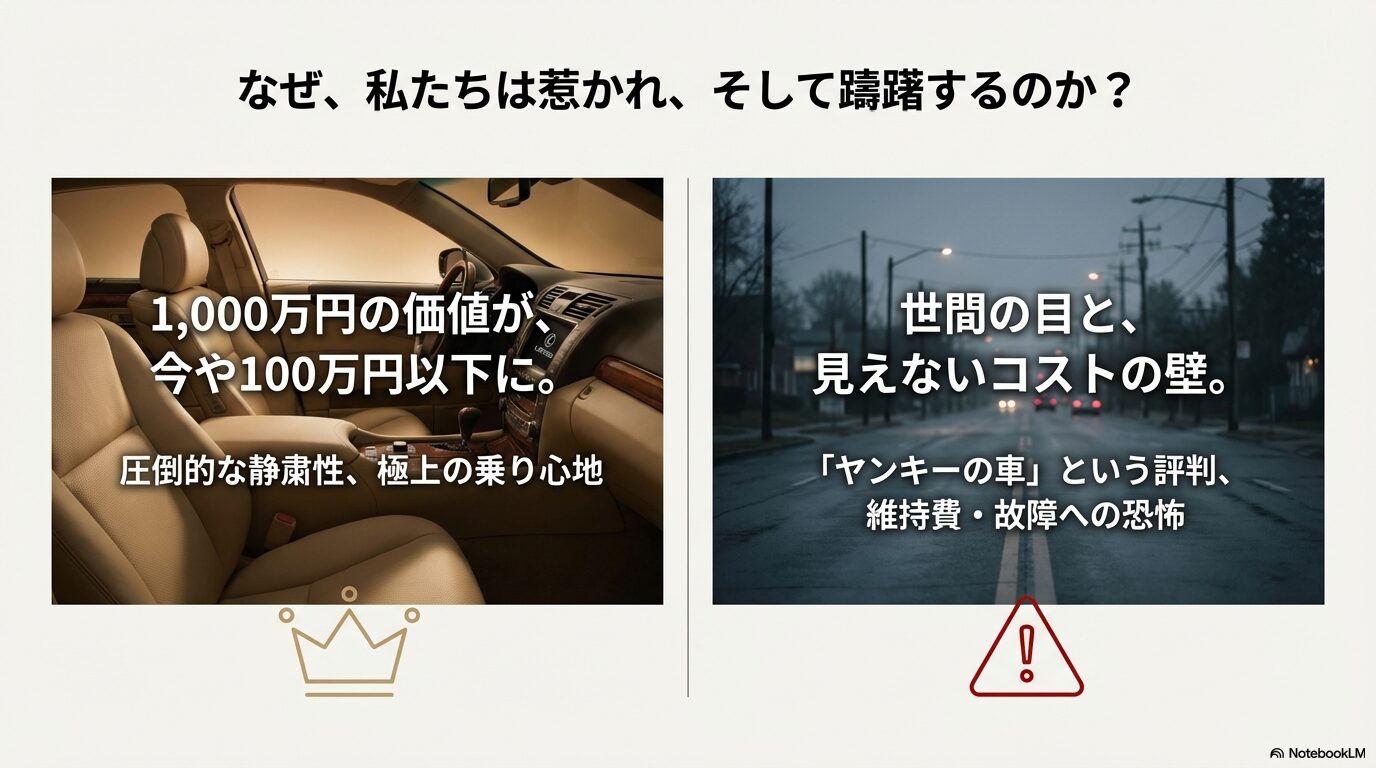 1,000万円の価値が100万円以下になる魅力と、世間の目や維持費・故障への恐怖という躊躇の理由。