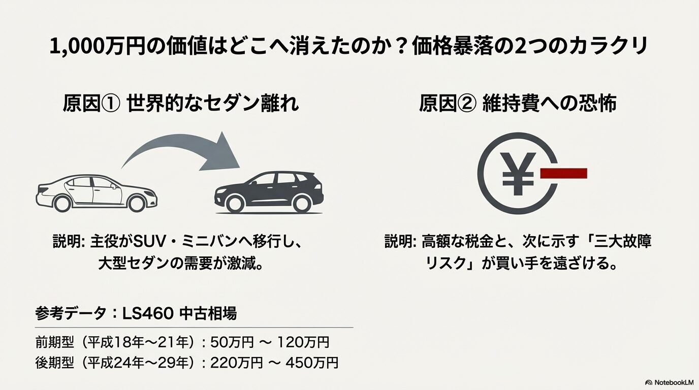 世界的なセダン離れ（SUVシフト）と、維持費・故障リスクへの恐怖が価格暴落の要因であることを示す図解。