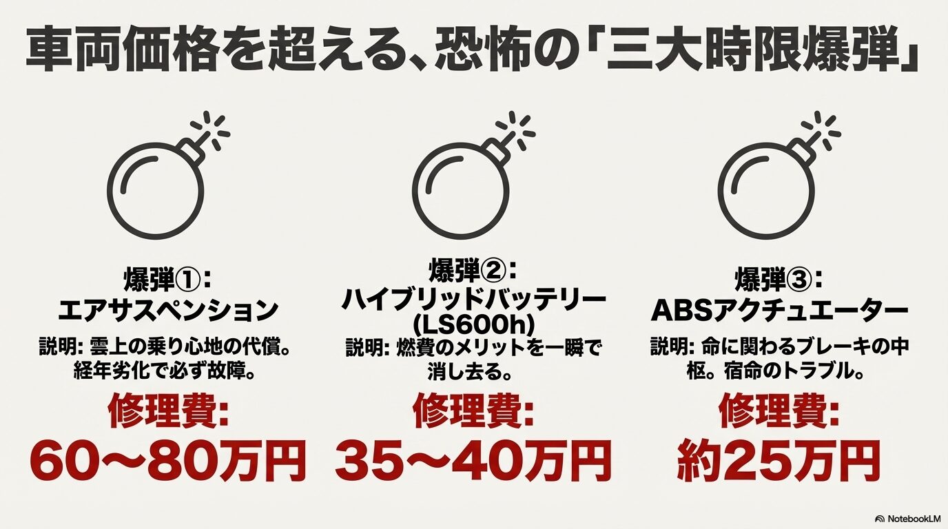 車両価格を超える三大時限爆弾。エアサス（60-80万円）、ハイブリッドバッテリー（35-40万円）、ABSアクチュエーター（約25万円）の修理費一覧。
