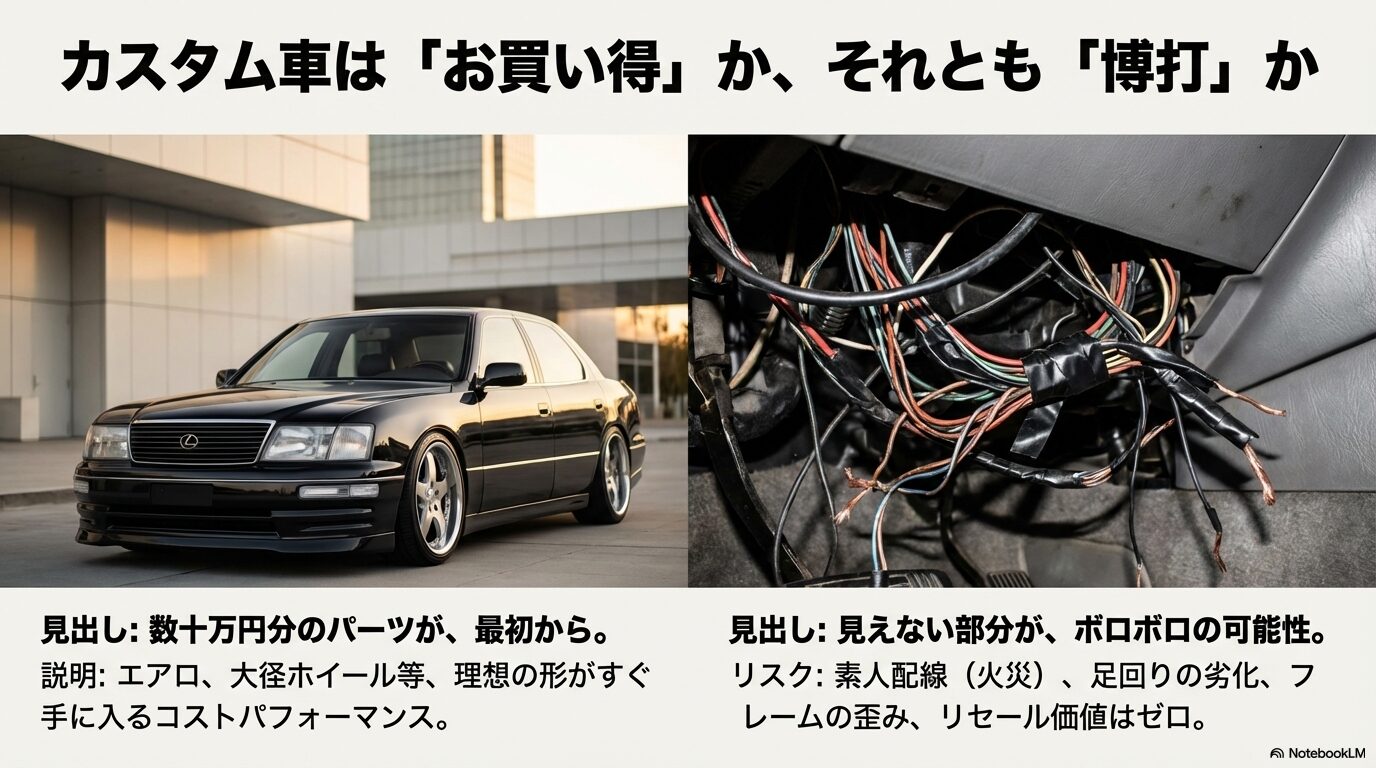 数十万円分のパーツが付くコストパフォーマンスと、素人配線やフレームの歪みなど見えない部分がボロボロであるリスクの比較。