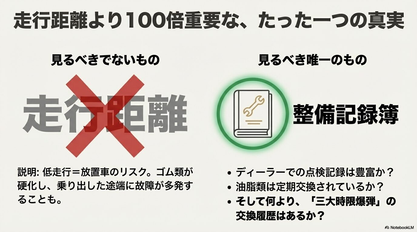 低走行＝放置車のリスクを指摘し、走行距離よりもディーラーでの点検記録や三大故障の交換履歴がある整備記録簿を信じるべきという解説。