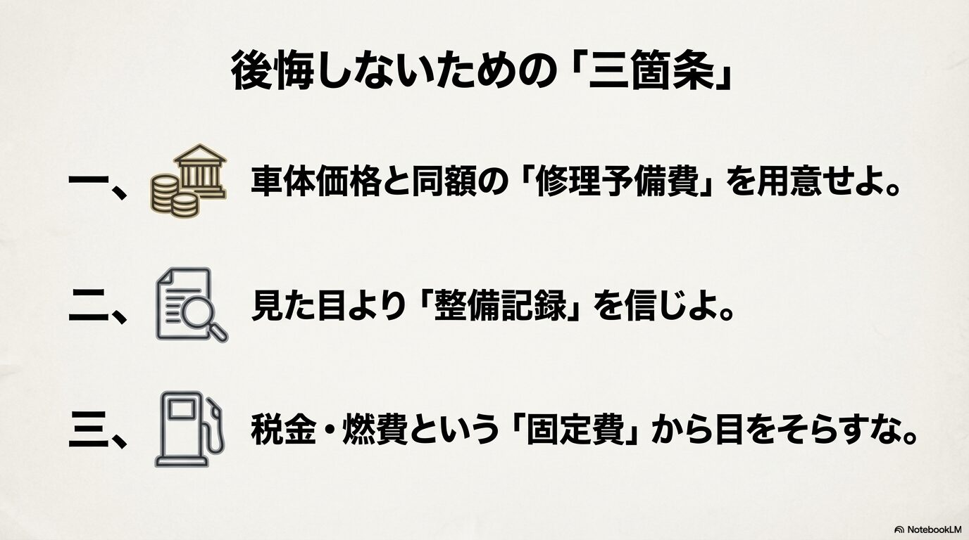 修理予備費の用意、整備記録の重視、固定費（税金・燃費）を直視することの3つの重要ポイント。