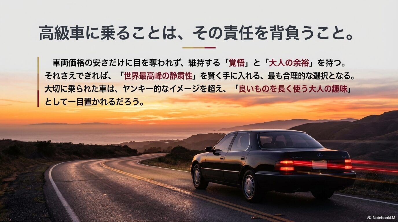 車両価格の安さだけでなく維持する責任を背負うこと。それこそが「良いものを長く使う大人の趣味」として一目置かれる理由。