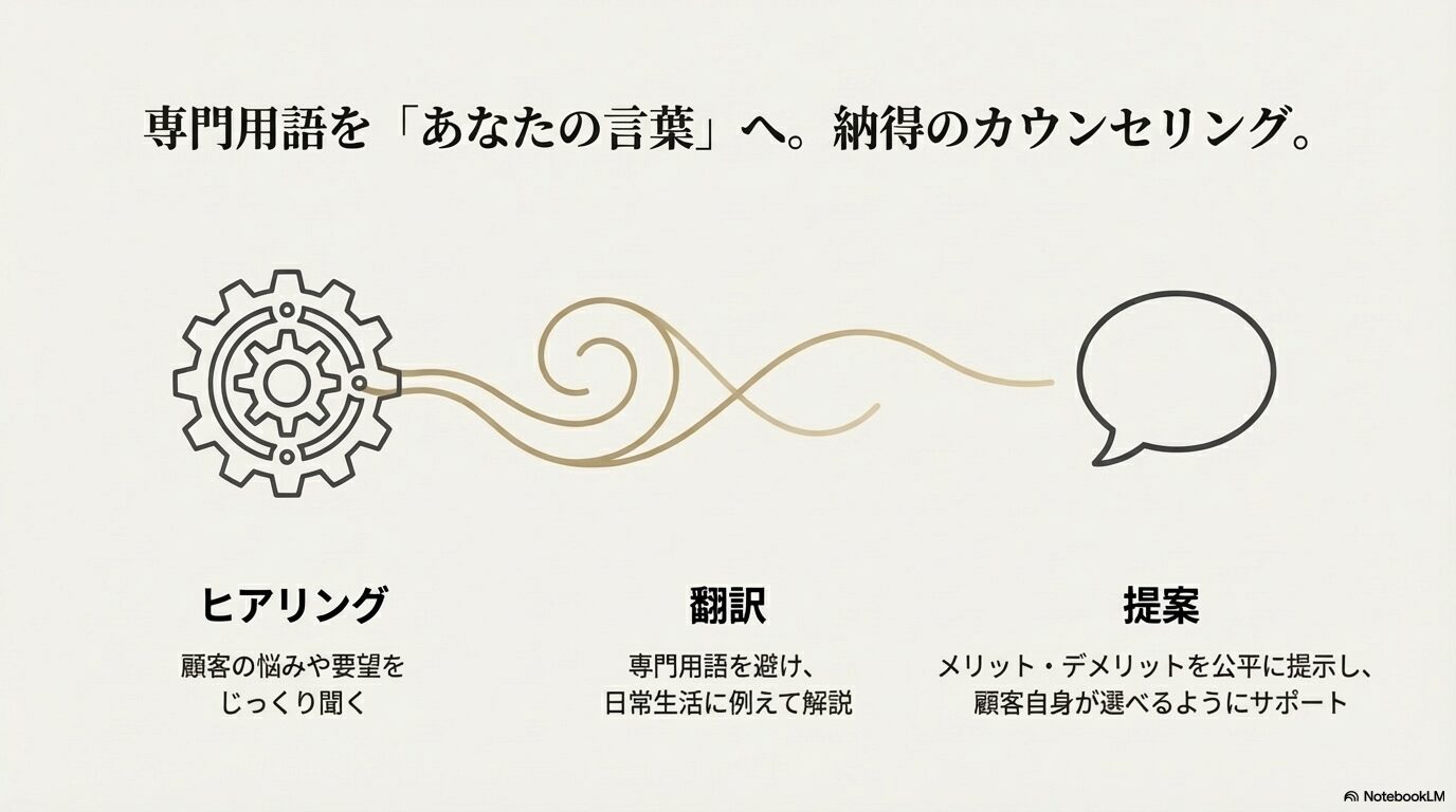 ヒアリング、専門用語の翻訳解説、公平な提案の3ステップで構成される、レクサス薮田の納得のカウンセリングフロー