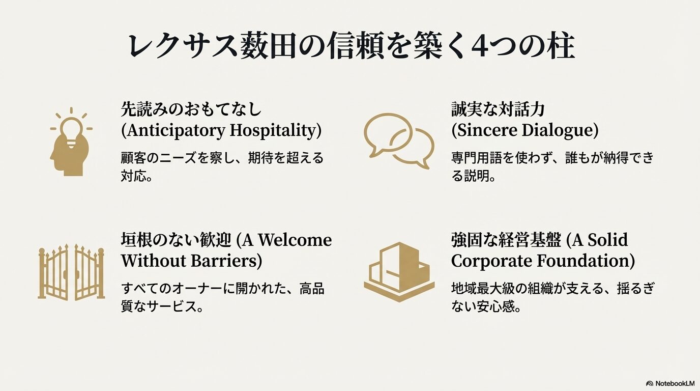 先読みのおもてなし、誠実な対話力、垣根のない歓迎、強固な経営基盤という、レクサス薮田の信頼を支える4つの重要要素