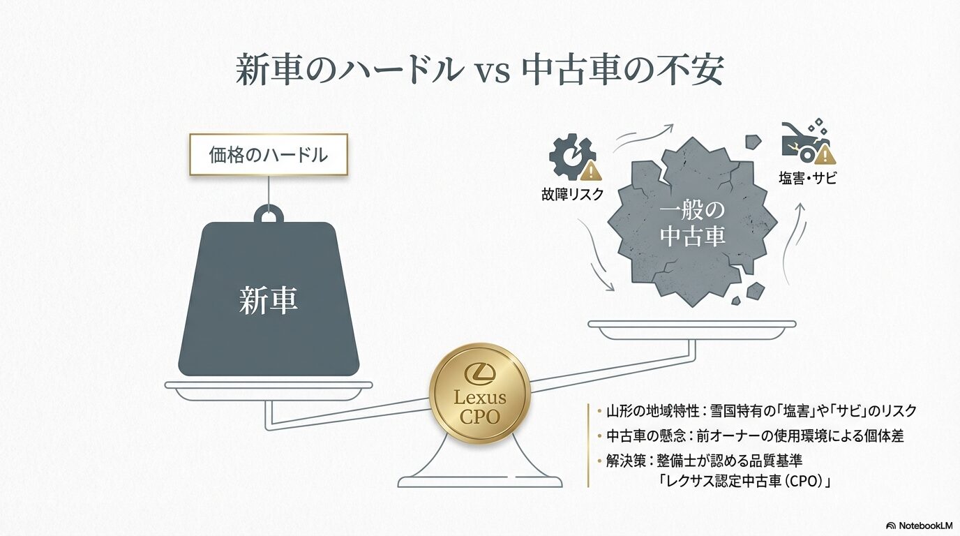 新車の価格ハードルと一般中古車の故障リスクを天秤にかけ、解決策としてレクサス認定中古車（CPO）を提示する比較イメージ画像。