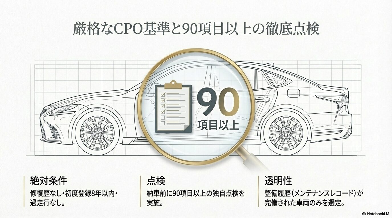 修復歴なし、初度登録8年以内などの厳格なCPO基準と、納車前に行われる90項目以上の徹底点検を説明するスライド。