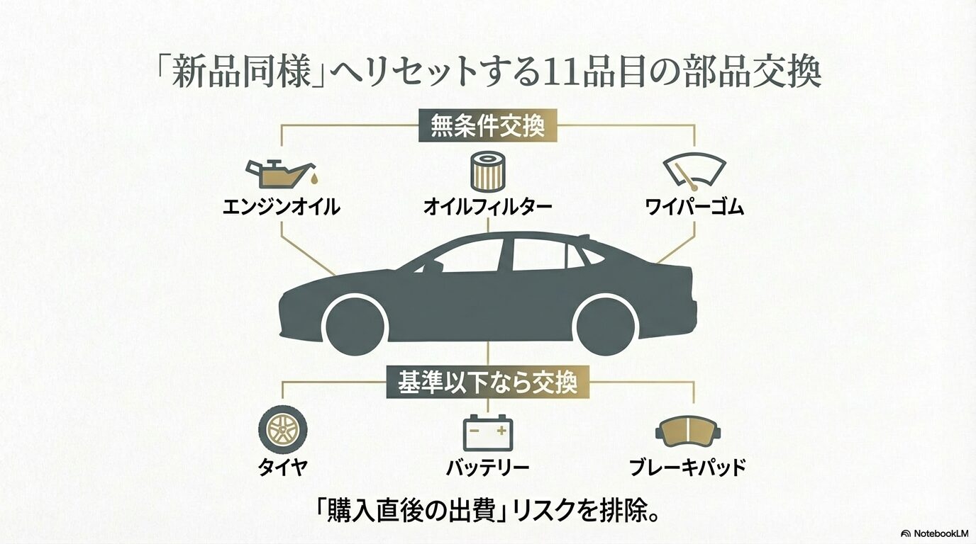 エンジンオイルやワイパーゴムの無条件交換、タイヤやバッテリーの基準内交換など、購入直後の出費リスクを排除する11品目の部品交換図解。
