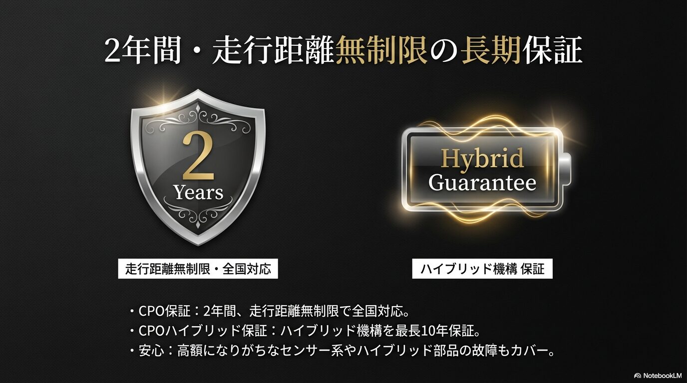 2年間の走行距離無制限保証と、最長10年間のハイブリッド機構保証を説明する、安心の長期保証イメージ。