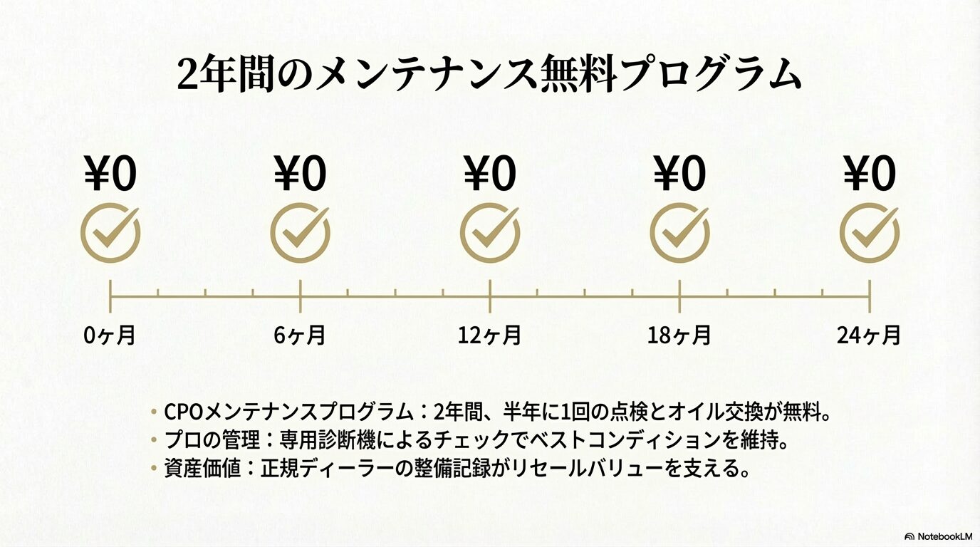 納車から24ヶ月目まで半年に一度の点検とオイル交換が無料（0円）で受けられるCPOメンテナンスプログラムのタイムライン。