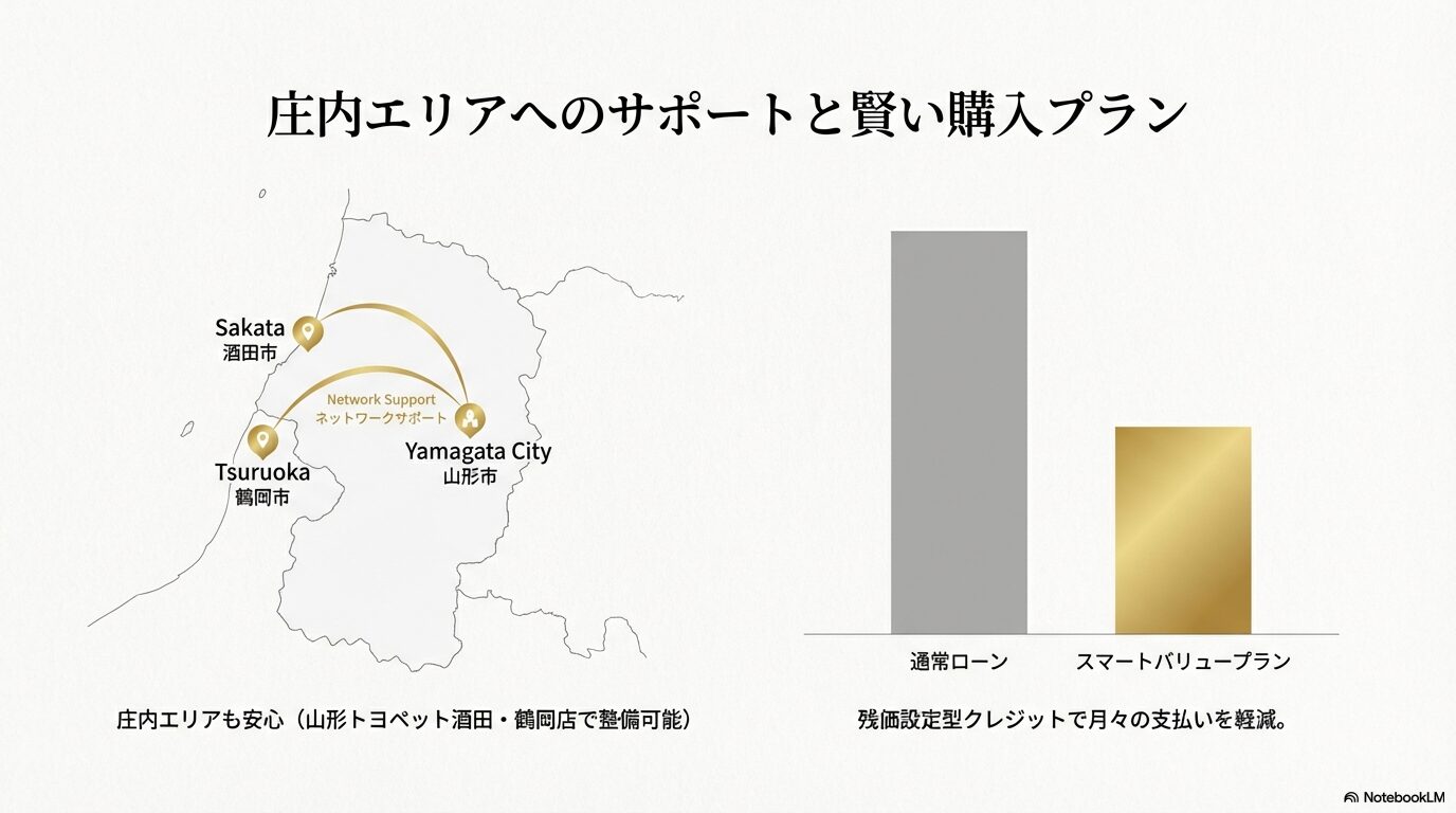 酒田市・鶴岡市のトヨペット店での整備ネットワーク図と、月々の支払いを軽減する残価設定型クレジットの比較グラフ。