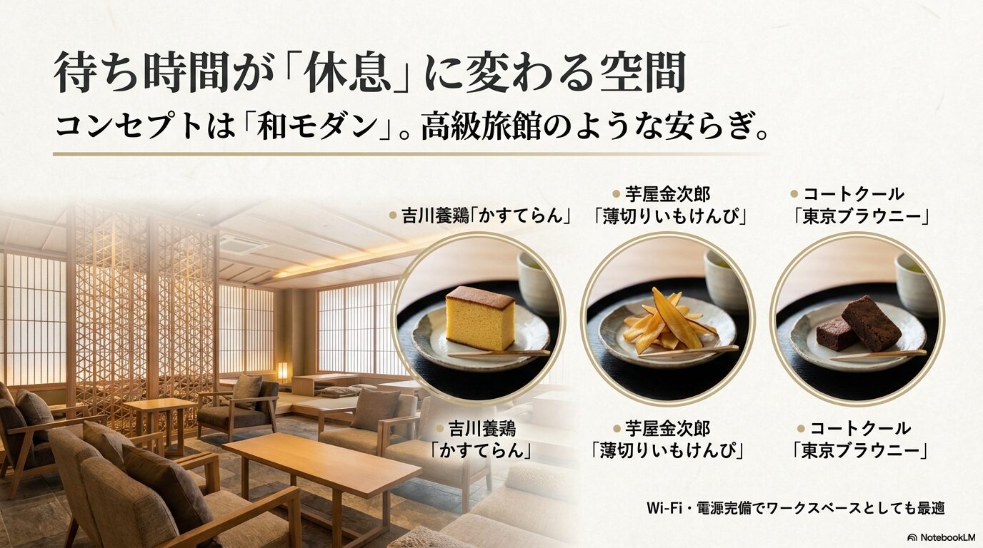 レクサス山下公園の和モダンなラウンジで提供される銘菓（吉川養鶏かすてらん・芋屋金次郎いもけんぴ等