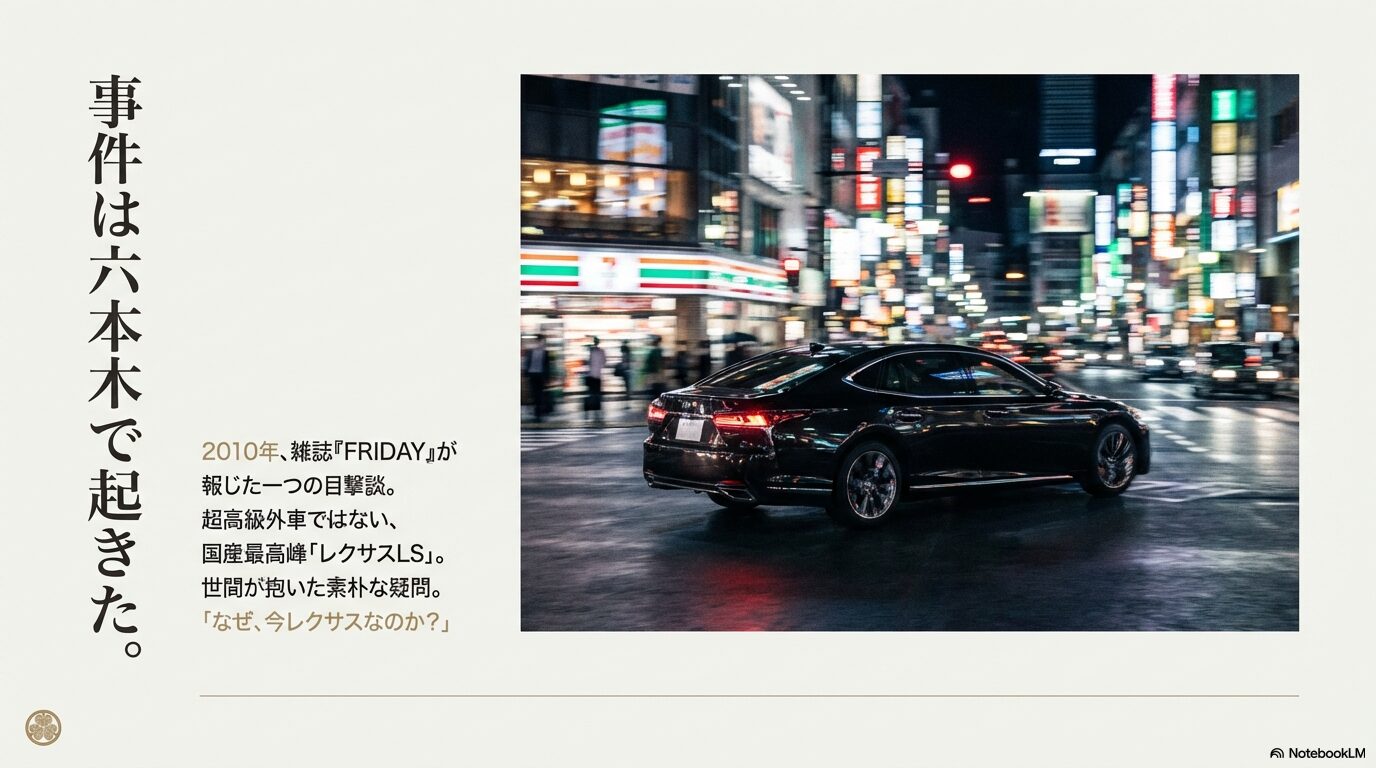 2010年に雑誌FRIDAYで報じられた、松本人志が自らレクサスLSを運転する目撃情報のまとめスライド。