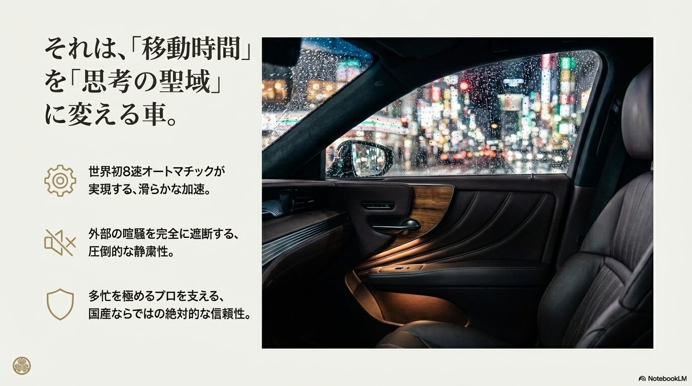 レクサスLSの8速ATや静粛性、信頼性が、多忙なクリエイターの移動時間を思考の場所へ変えることを説明するスライド。