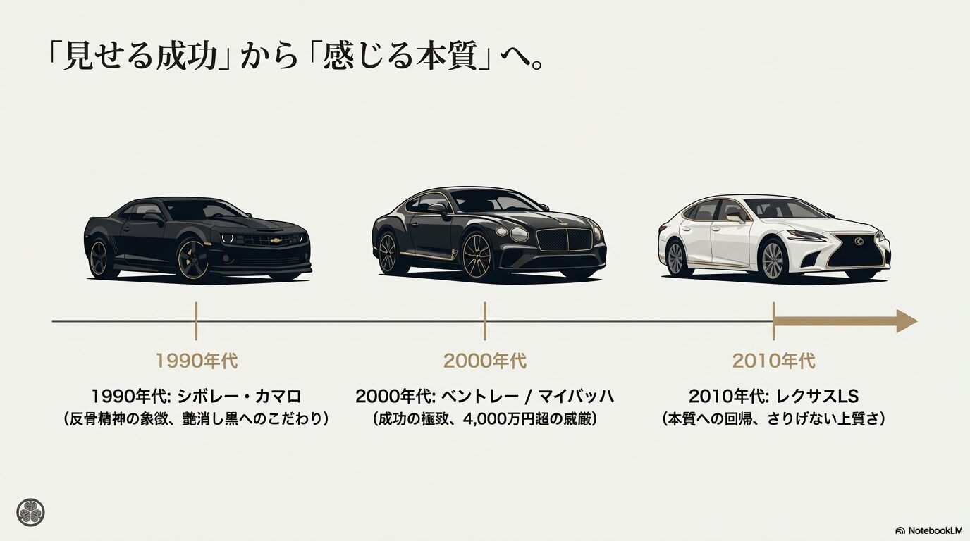 1990年代のカマロ、2000年代のマイバッハ、2010年代のレクサスLSへと続く、松本人志の愛車遍歴の変遷図。