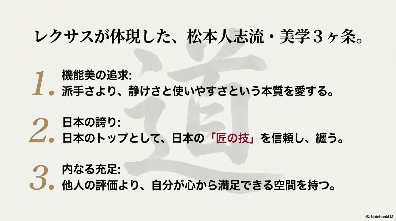 機能美の追求、信頼の国産、プライベートの死守という、松本人志の車選びにおける3つのこだわりをまとめたスライド。