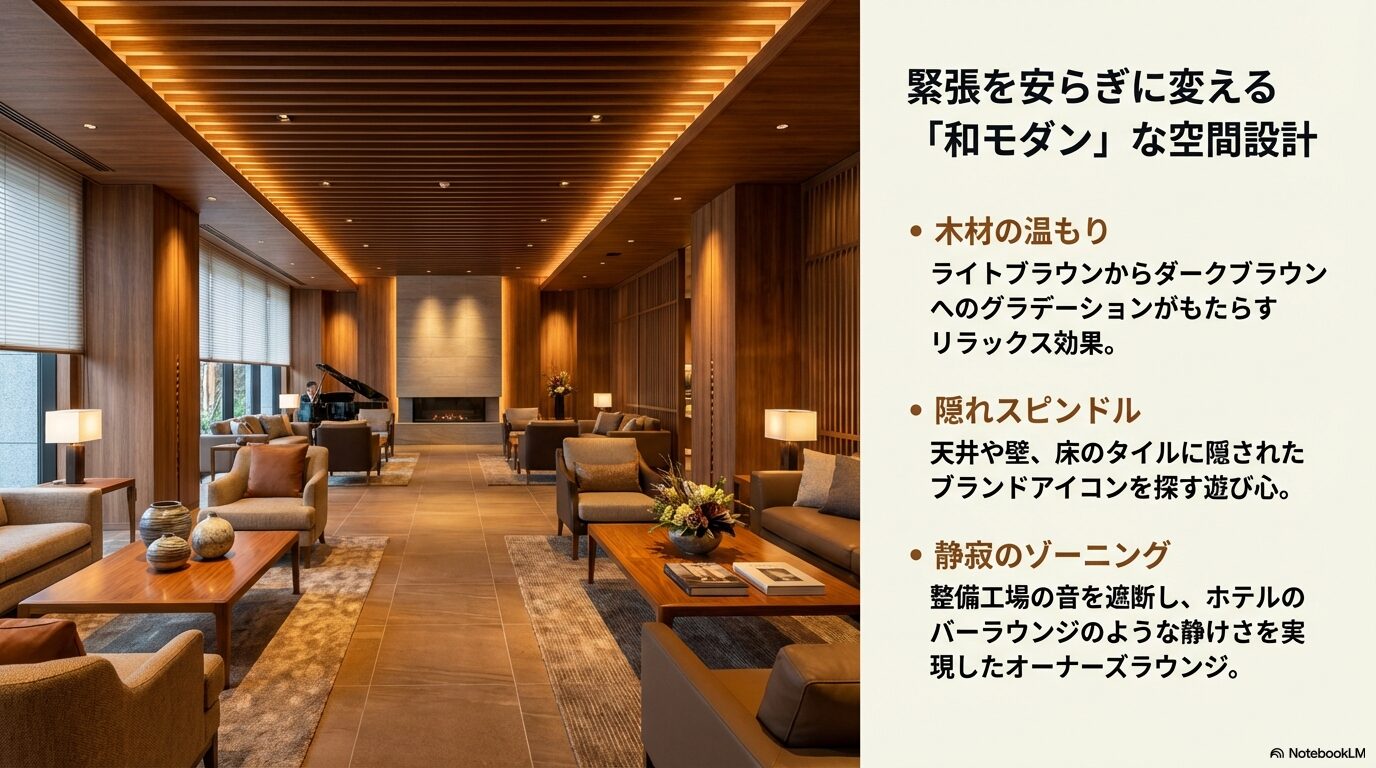 木の温もりを感じるレクサス盛岡のラウンジ内装と隠れスピンドルのデザイン