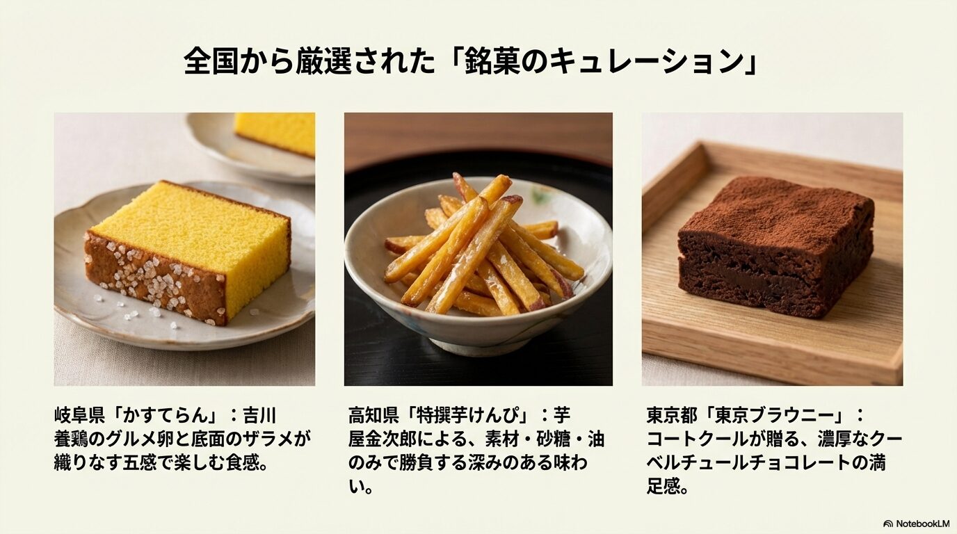 レクサス盛岡オーナーズラウンジで提供される吉川養鶏かすてらん・芋屋金次郎芋けんぴ・東京ブラウニー