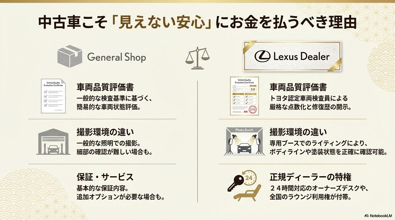 レクサス認定中古車(CPO)と一般販売店の車両品質評価書・撮影環境・保証内容の違い