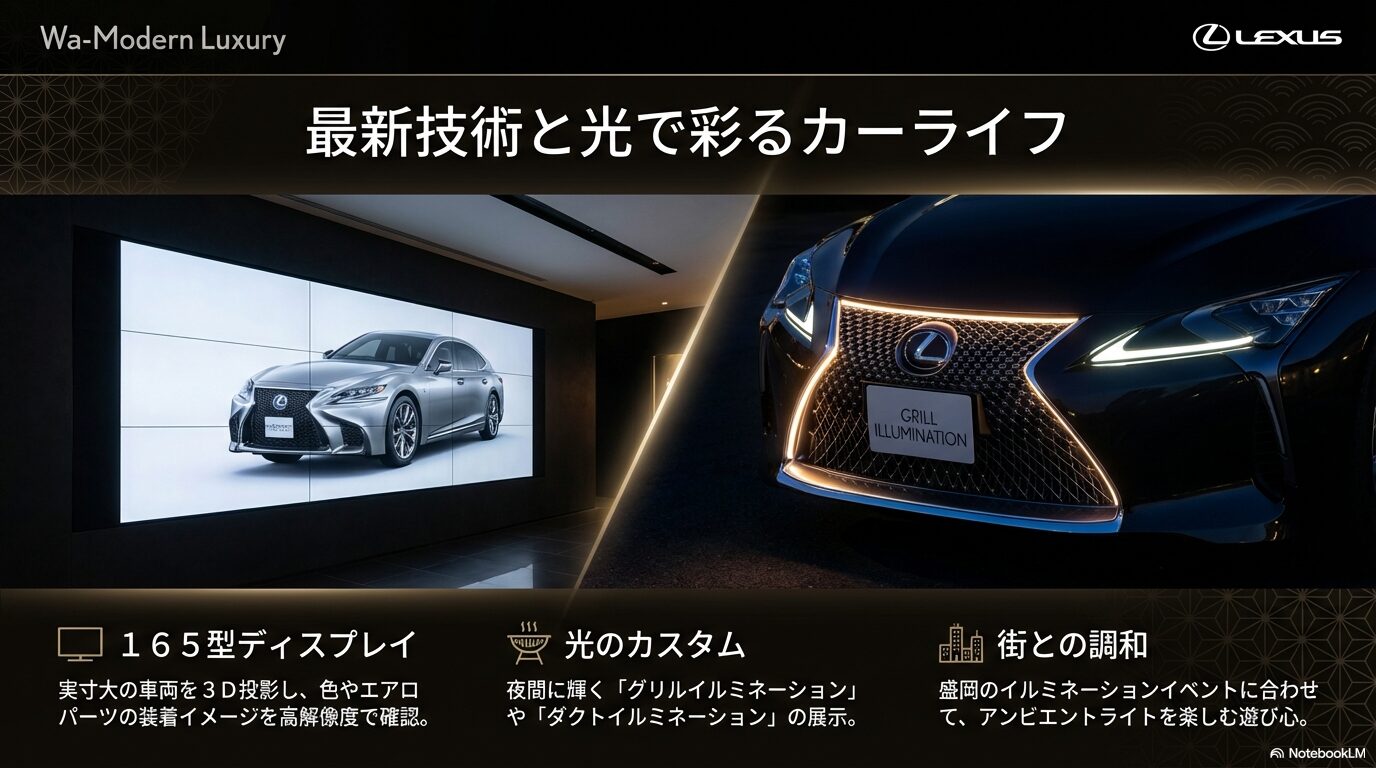 レクサス盛岡の165型ディスプレイによるシミュレーションとグリルイルミネーションの展示