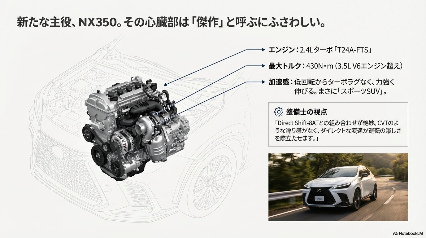 レクサスNX350に搭載された2.4L直列4気筒ターボエンジンT24A-FTSの構造図と走行イメージ