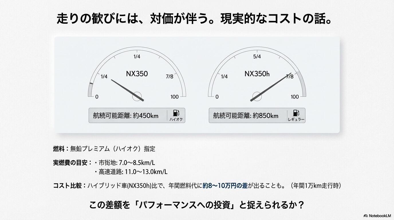 レクサスNX350（ガソリン）とNX350h（ハイブリッド）の燃料計と航続可能距離、年間維持費の比較グラフ