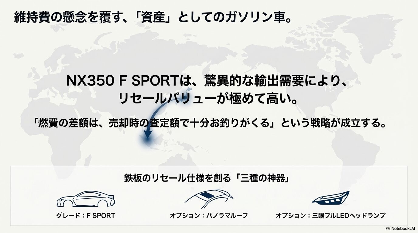 レクサスNX350のリセールバリューを高めるF SPORT、パノラマルーフ、三眼LEDヘッドランプの組み合わせ解説
