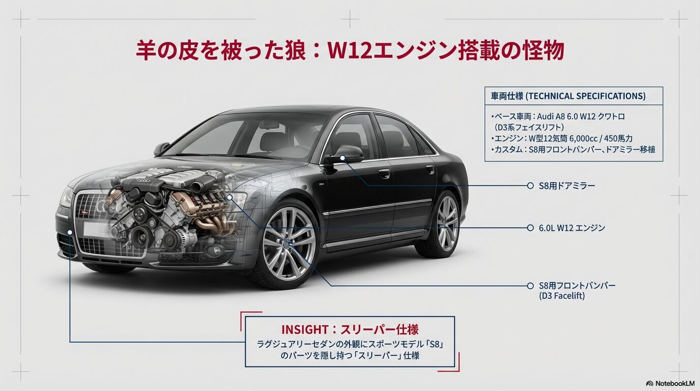 アウディA8 6.0 W12 クワトロをベースに、S8用バンパーとドアミラーを移植したスリーパー仕様の解説図