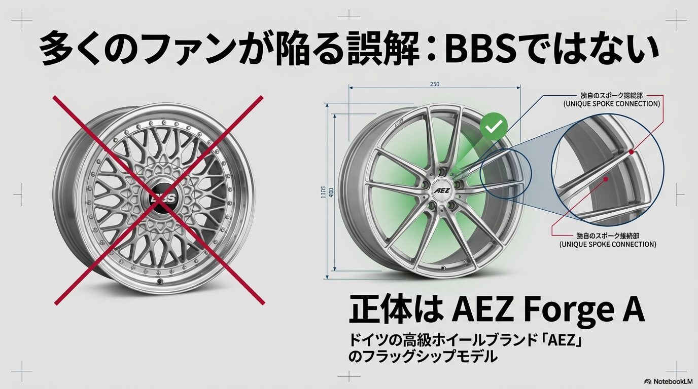 多くのファンが誤解しやすいBBSホイールと、正体であるAEZ Forge Aのスポーク接続部の違いを比較した画像