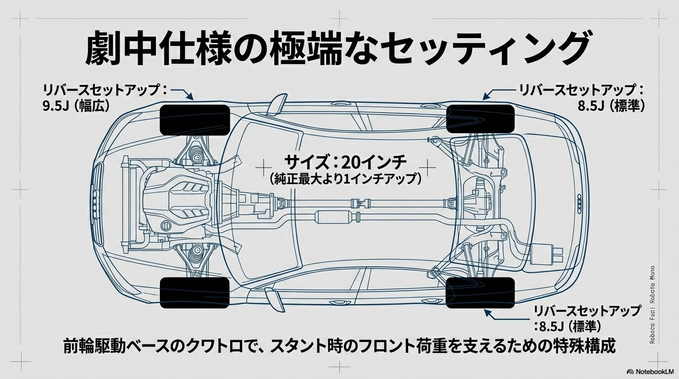 前輪に9.5J、後輪に8.5Jを装着するリバースセットアップと、20インチへのインチアップを解説したシャーシ図