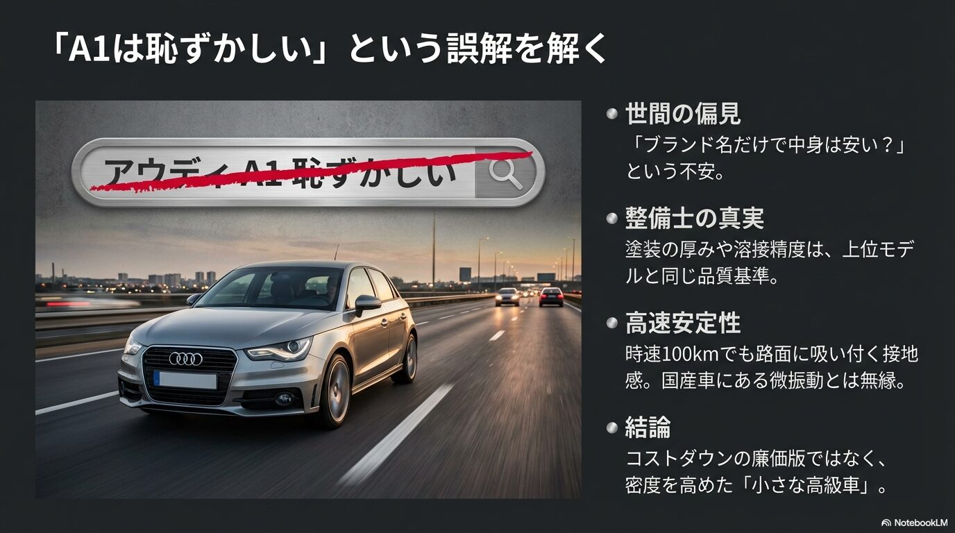 アウディA1が廉価版ではなく、上位モデルと同じ塗装・溶接精度で作られた「小さな高級車」であることを示す資料