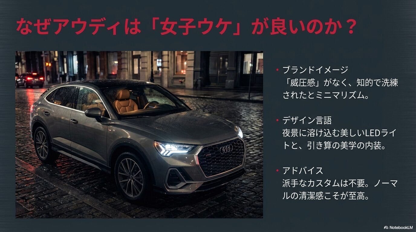 知的で洗練されたアウディのデザインと言語、LEDライトや内装が支持される理由をまとめたスライド