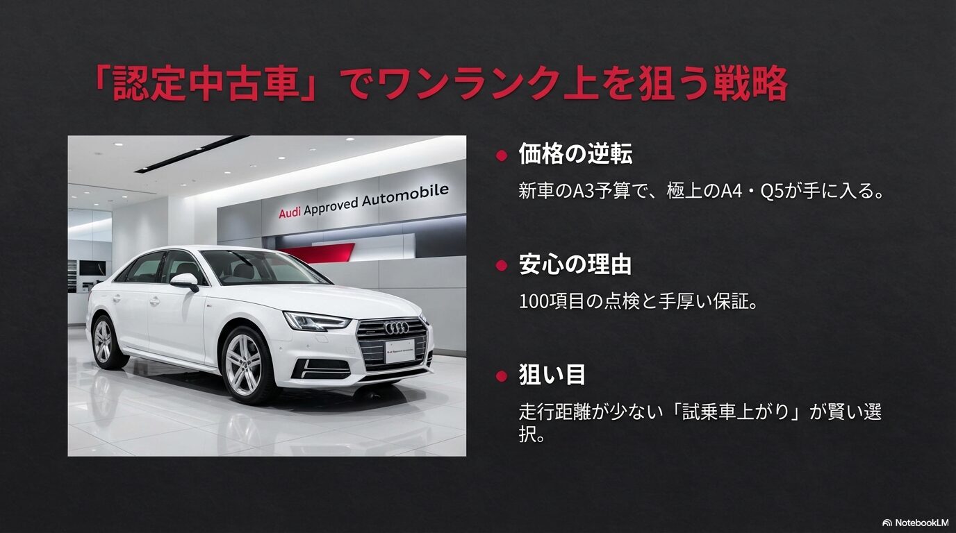 新車のA3予算でA4やQ5の認定中古車を狙うメリットと安心の理由を解説したスライド