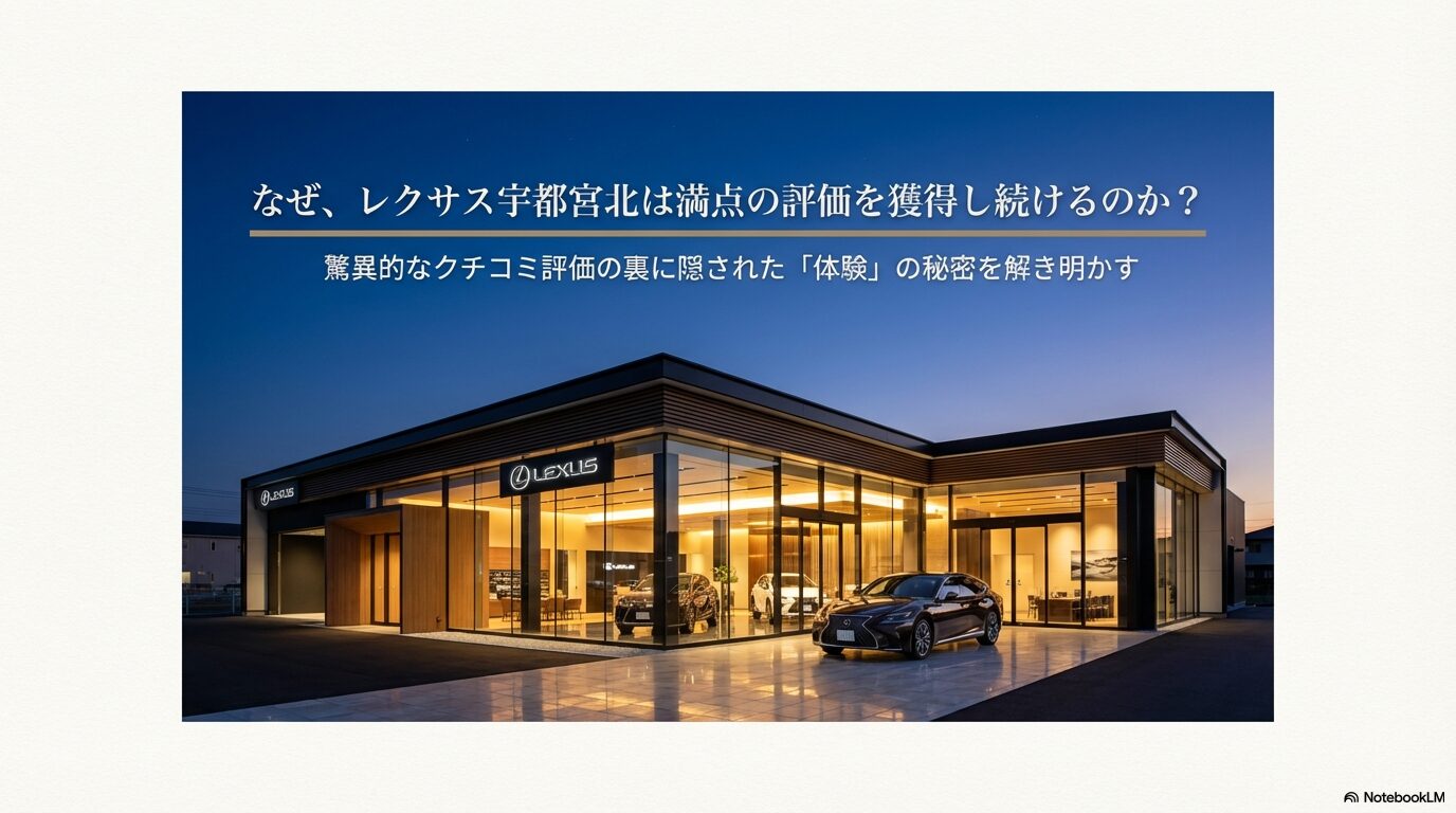 夜間にライトアップされたレクサス宇都宮北のモダンな外観画像。満点評価の秘密を解き明かすというタイトルのスライド。