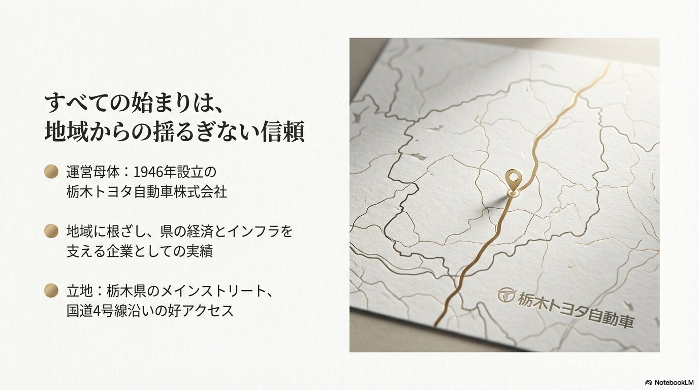栃木県の地図上に国道4号線沿いのレクサス宇都宮北の立地を示すピンが立てられた画像。運営母体が栃木トヨタ自動車であることを示すスライド。