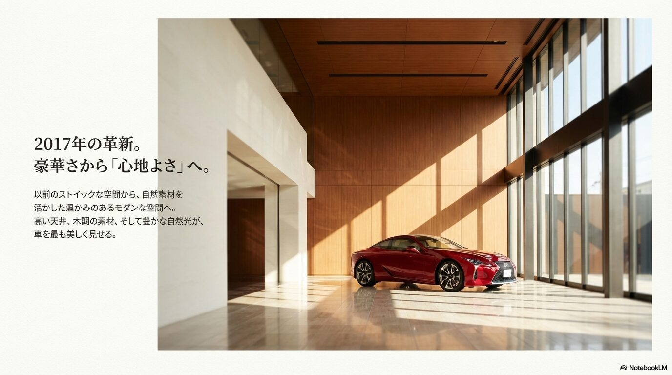 高い天井と木調の素材、自然光が差し込むレクサス宇都宮北の開放的なショールームに赤いレクサス車が展示されている画像。