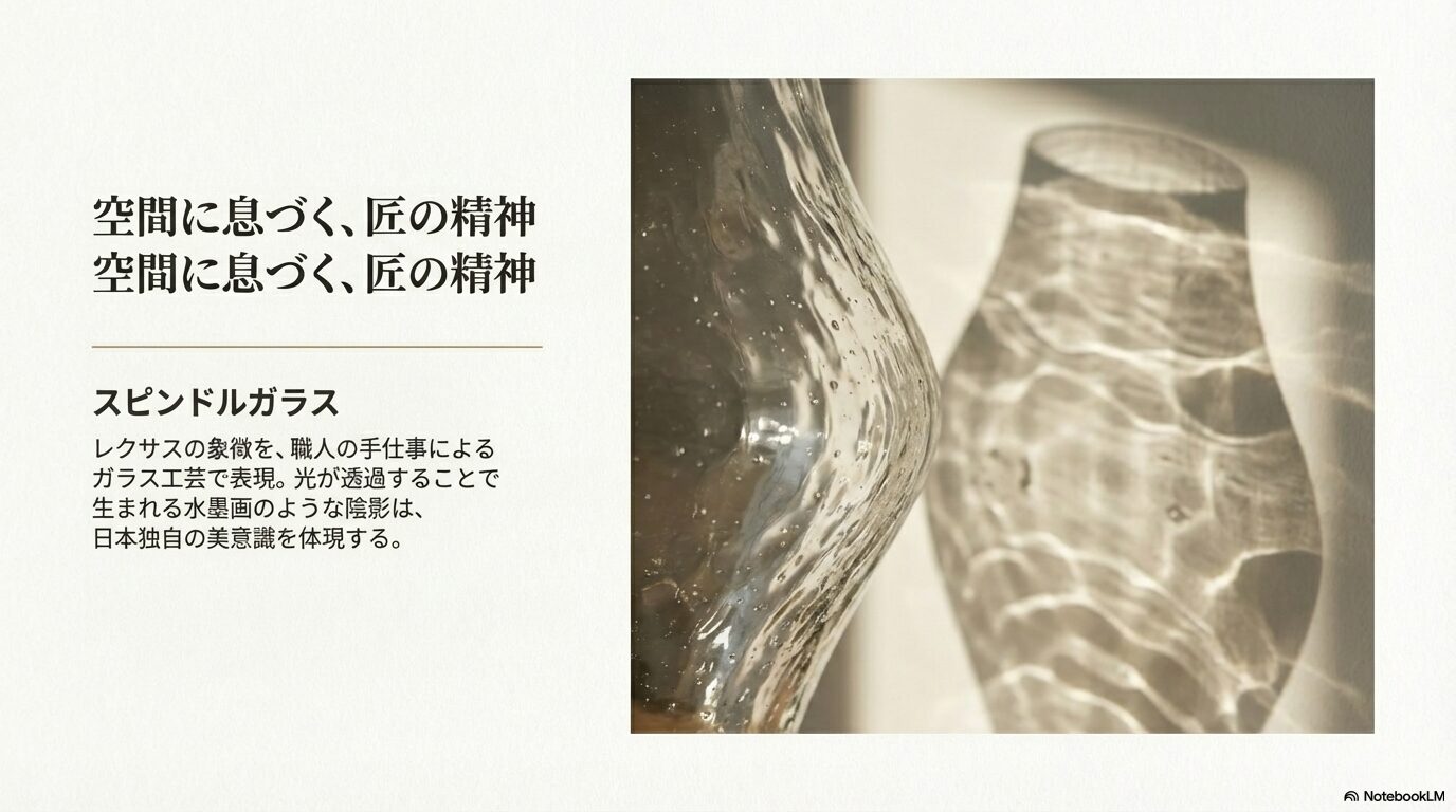 レクサスの象徴を職人の手仕事で表現したスピンドルガラスのアップ画像。光が透過し水墨画のような陰影が生まれている様子。