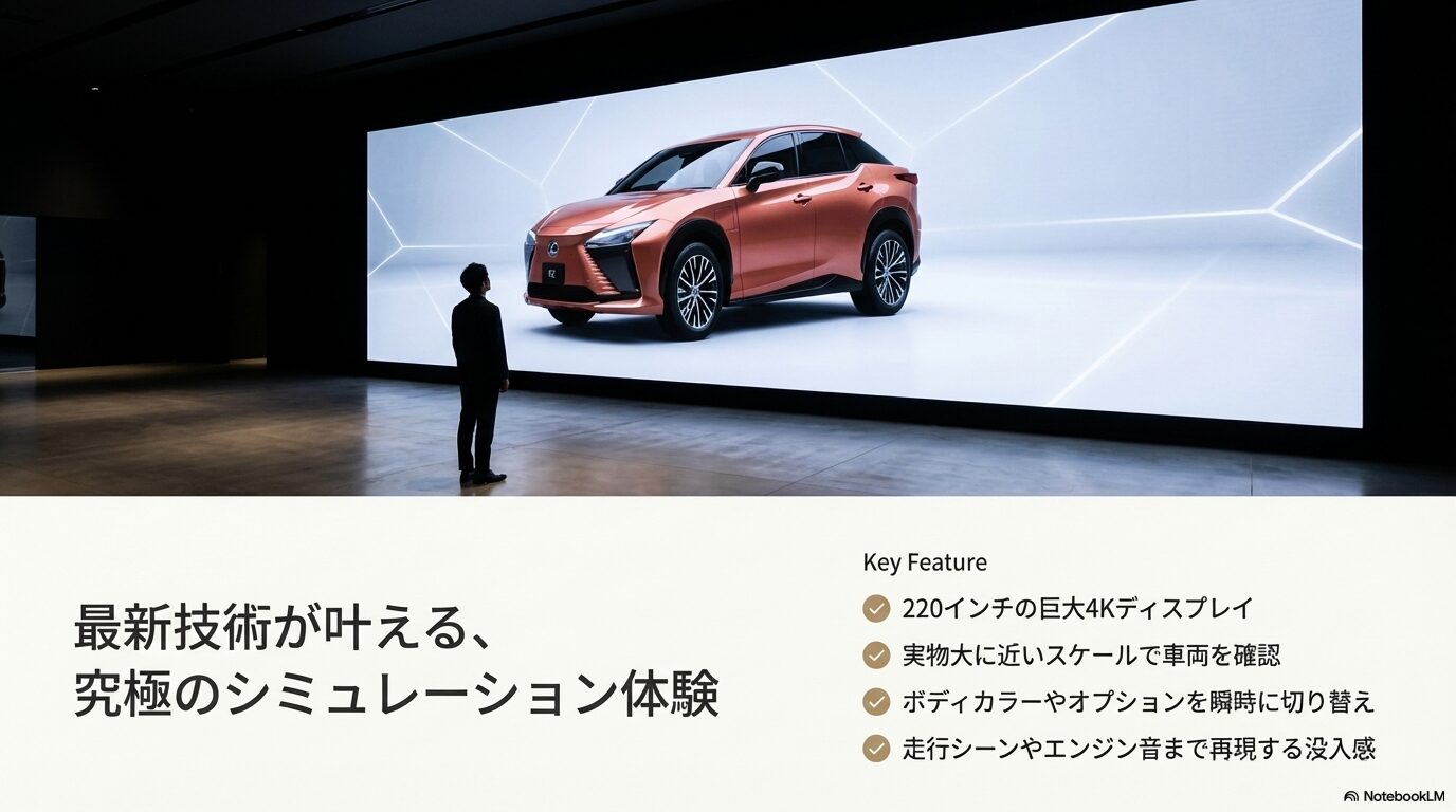 レクサス宇都宮北の店内に設置された、220インチの巨大4Kディスプレイによる車両シミュレーション画面のスライド。