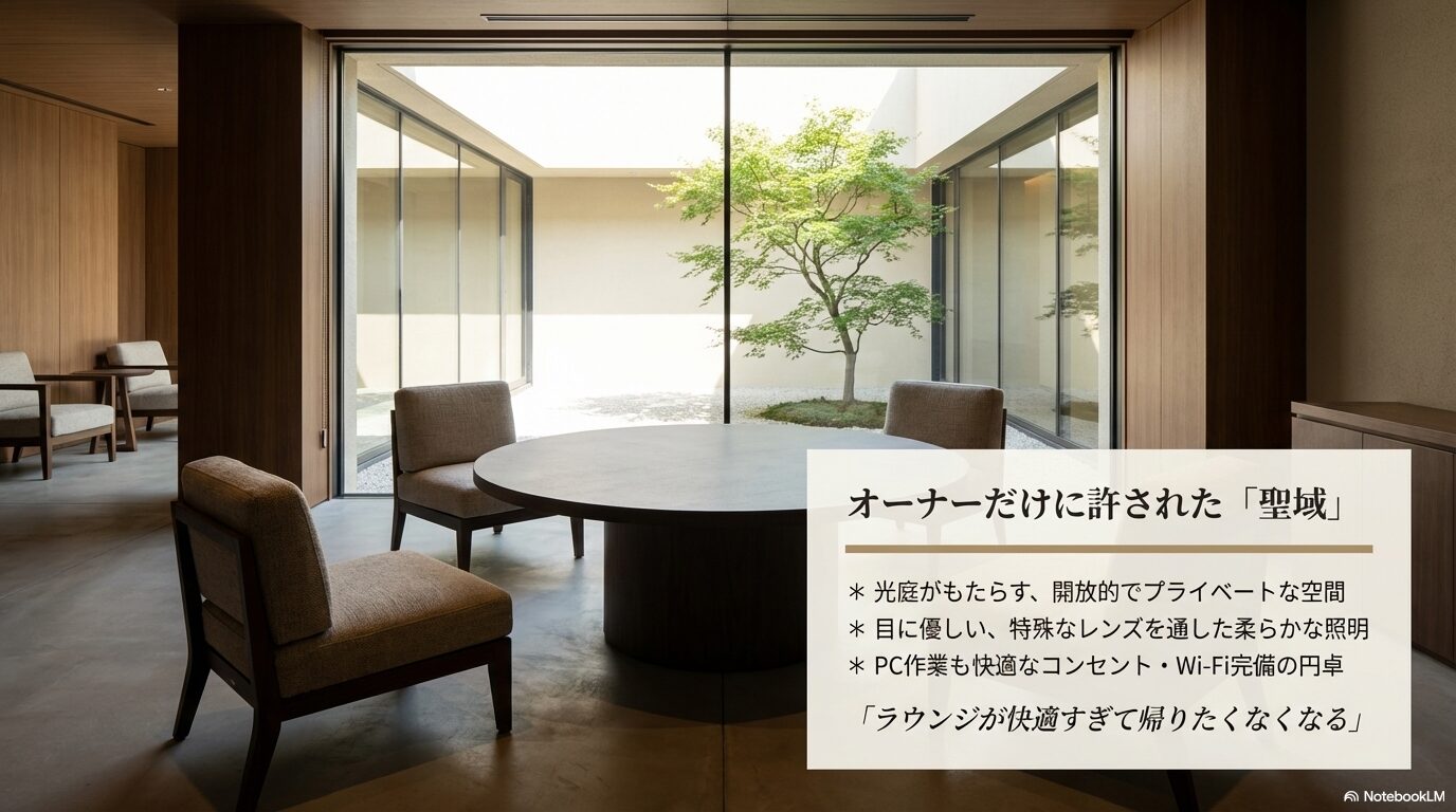 光庭(中庭)からの自然光が入る、開放的で落ち着いたレクサス宇都宮北のオーナーズラウンジの紹介スライド。